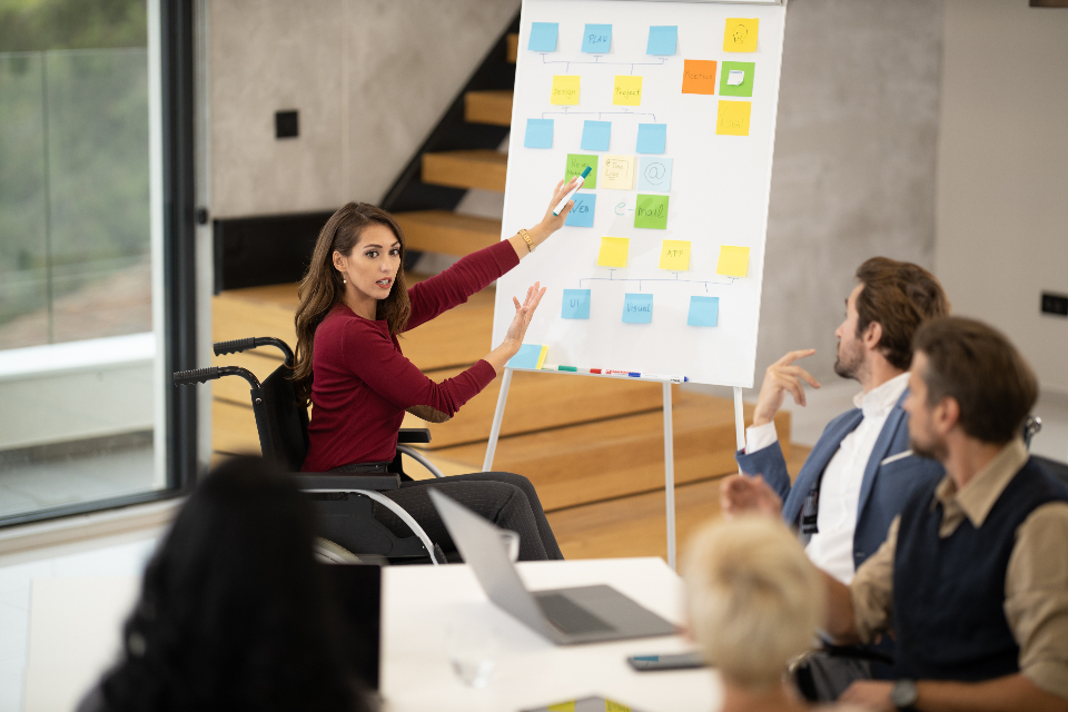 A woman using a wheelchair leads a team meeting at a whiteboard while colleagues listen